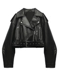 Womens Retro Short-belted Biker Jacket