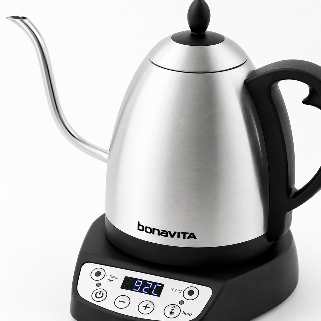 Bonavita Classic 1.0L Gooseneck Precision Temperature Electric Kettle| Coffee Brew and Tea, 1200 Watt, LED Panel, Stainless Steel
