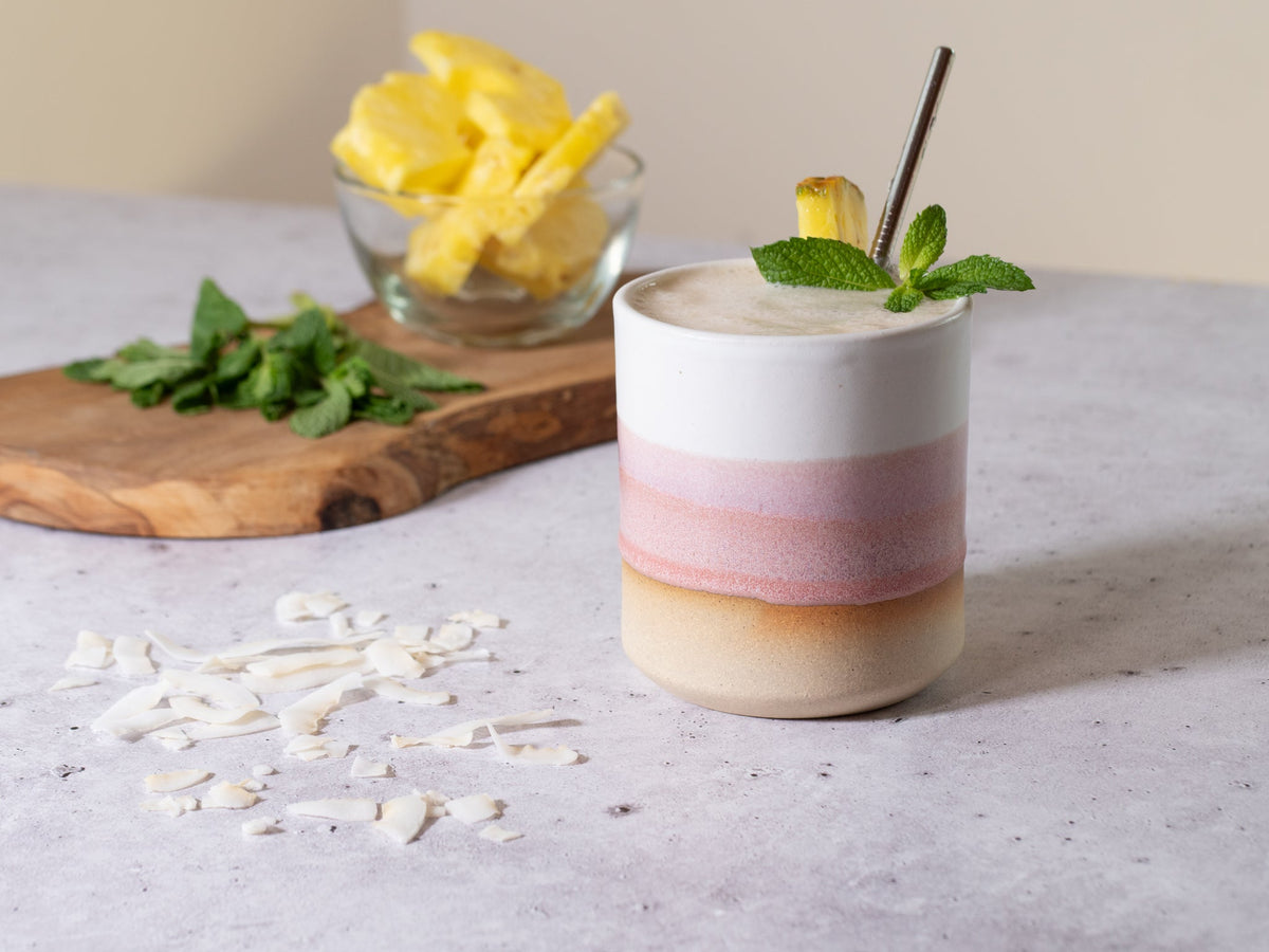 Smoothie Cup Pink White 14 oz Stoneware