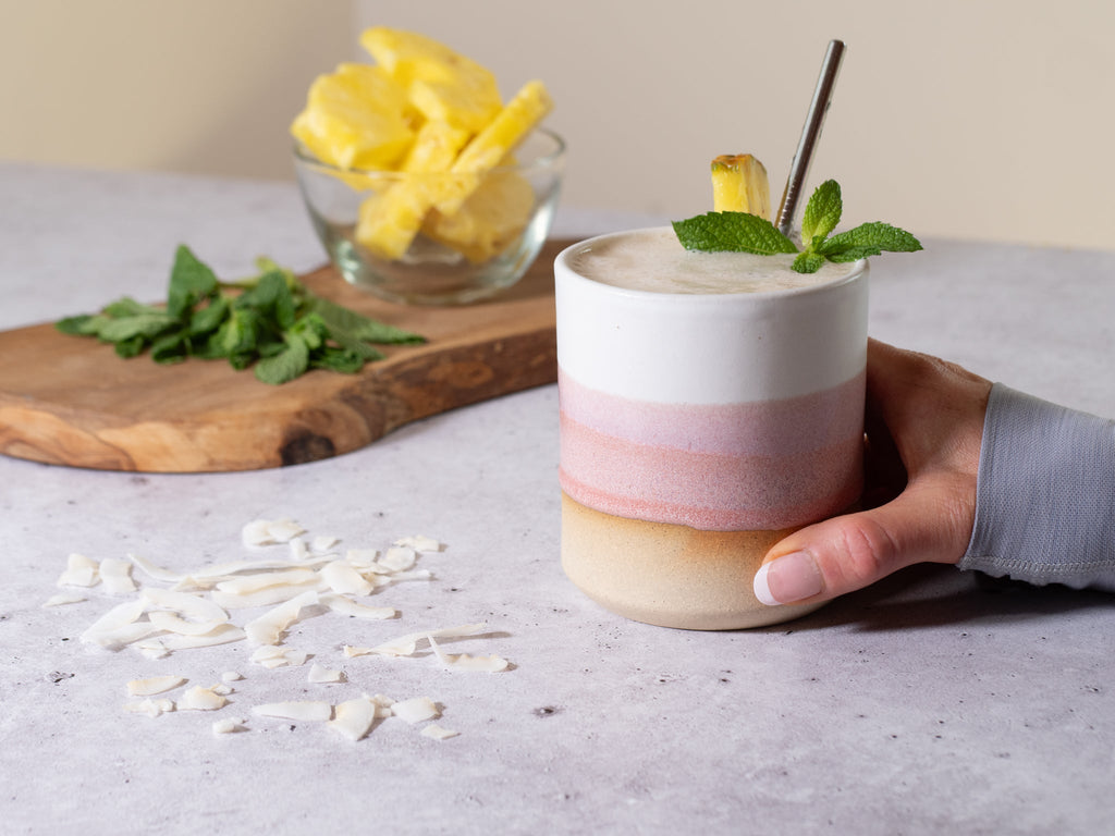 Smoothie Cup Pink White 14 oz Stoneware