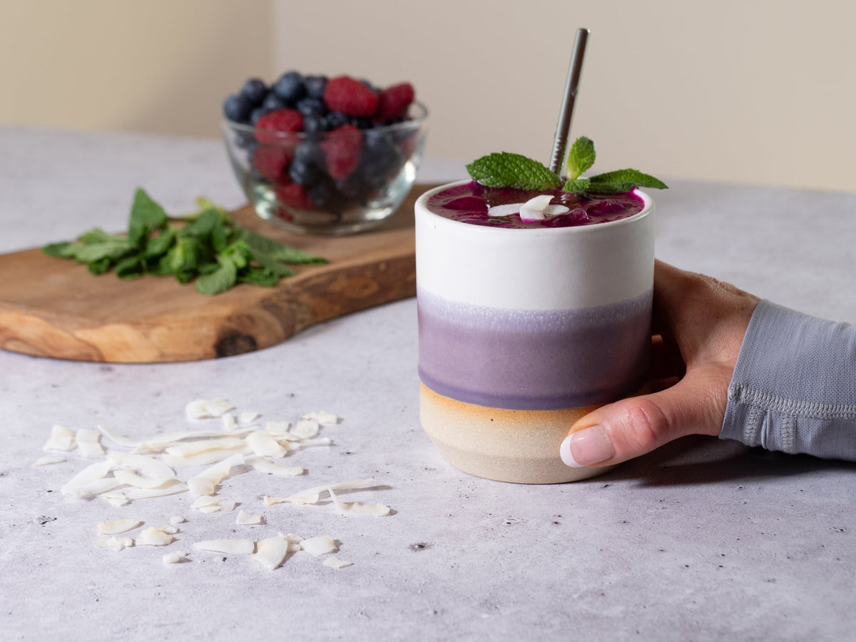 Smoothie Cup Purple White 14 oz Stoneware