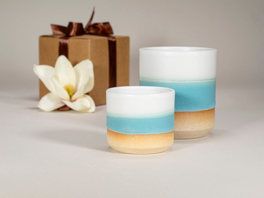 Gift Set: 14 oz cup and 5.5 oz cup in Turquoise White Stoneware
