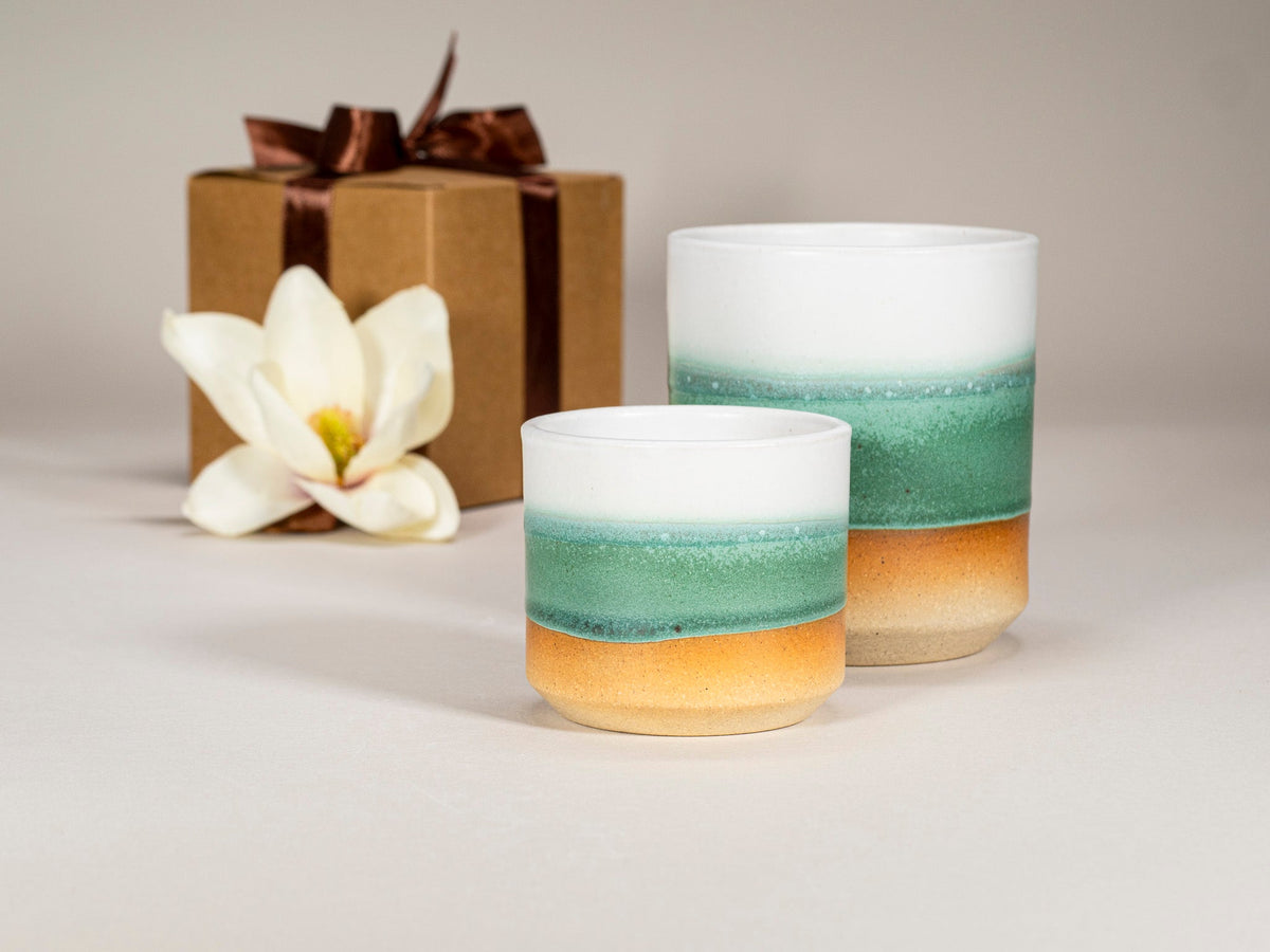 Gift Set: 14 oz cup and 5.5 oz cup in Green/White Stoneware
