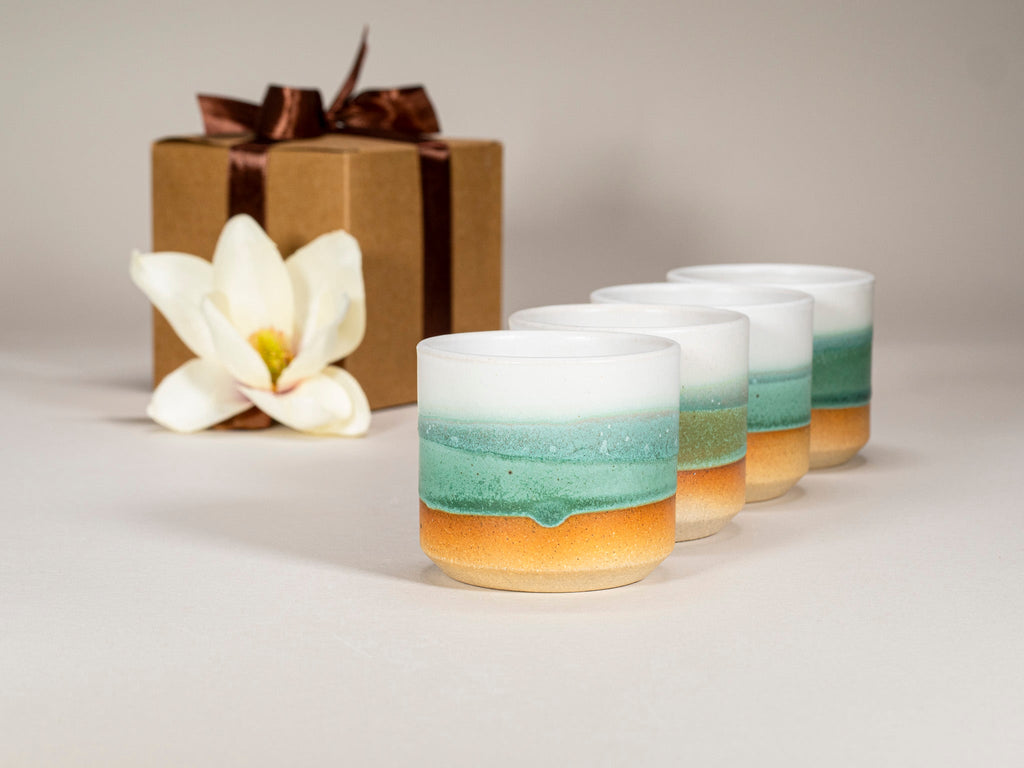 Gift Set: 14 oz cup and 5.5 oz cup in Green/White Stoneware