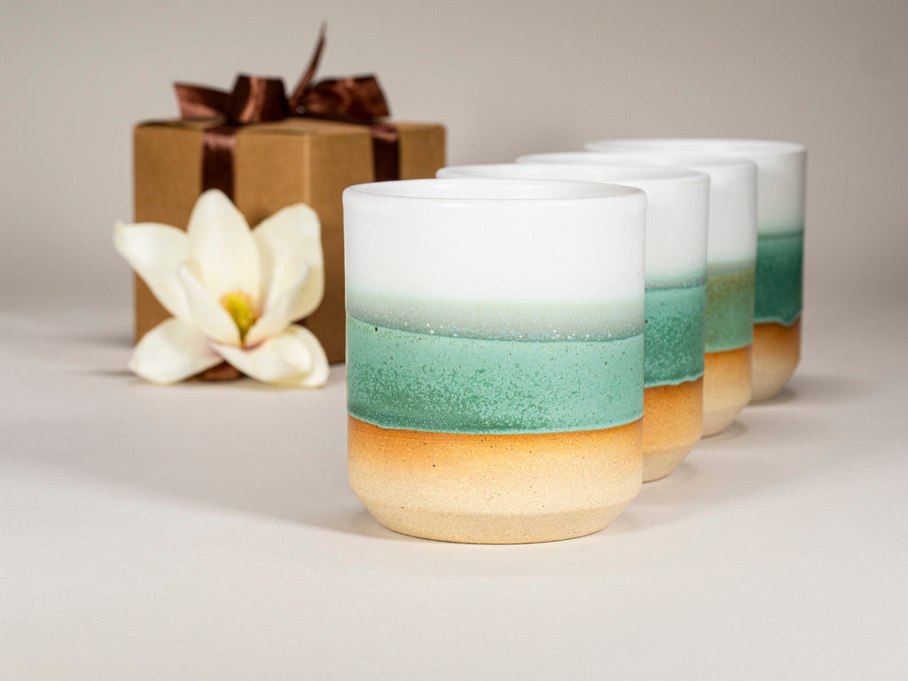 Gift Set: 14 oz cup and 5.5 oz cup in Green/White Stoneware
