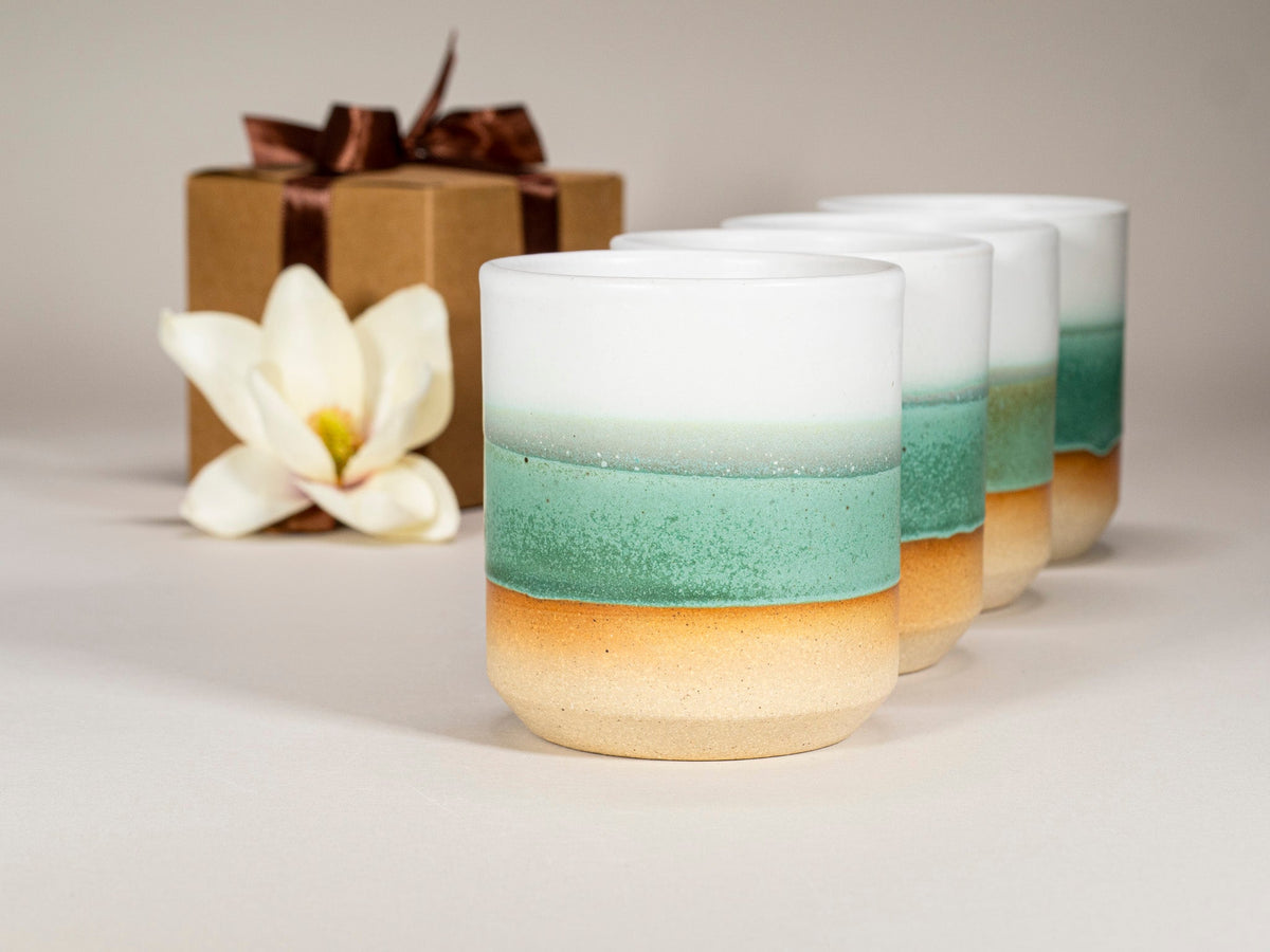 Gift Set: 14 oz cup and 5.5 oz cup in Green/White Stoneware