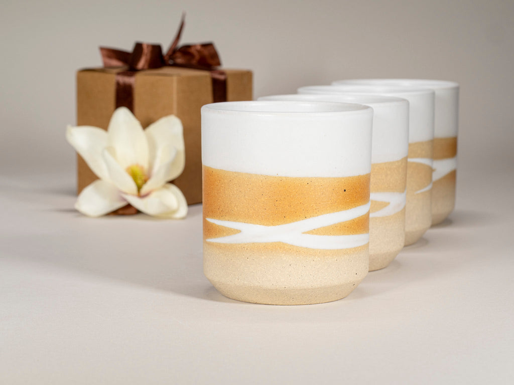 Gift Set: 14 oz cup and 5.5 oz cup in Sandy White with Trailing Stoneware