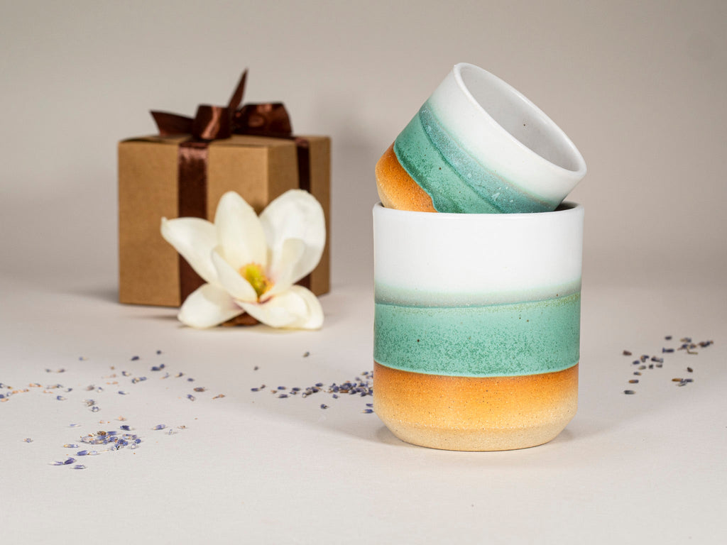 Gift Set: 14 oz cup and 5.5 oz cup in Green/White Stoneware