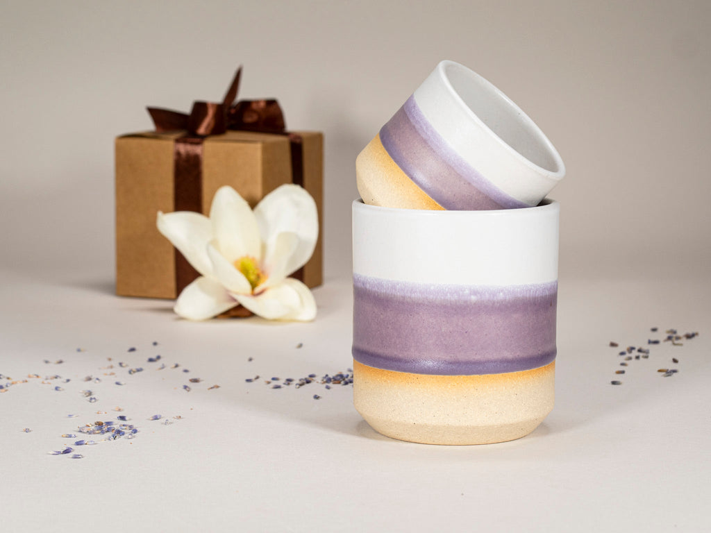 Gift Set: 14 oz cup and 5.5 oz cup in Purple White Stoneware