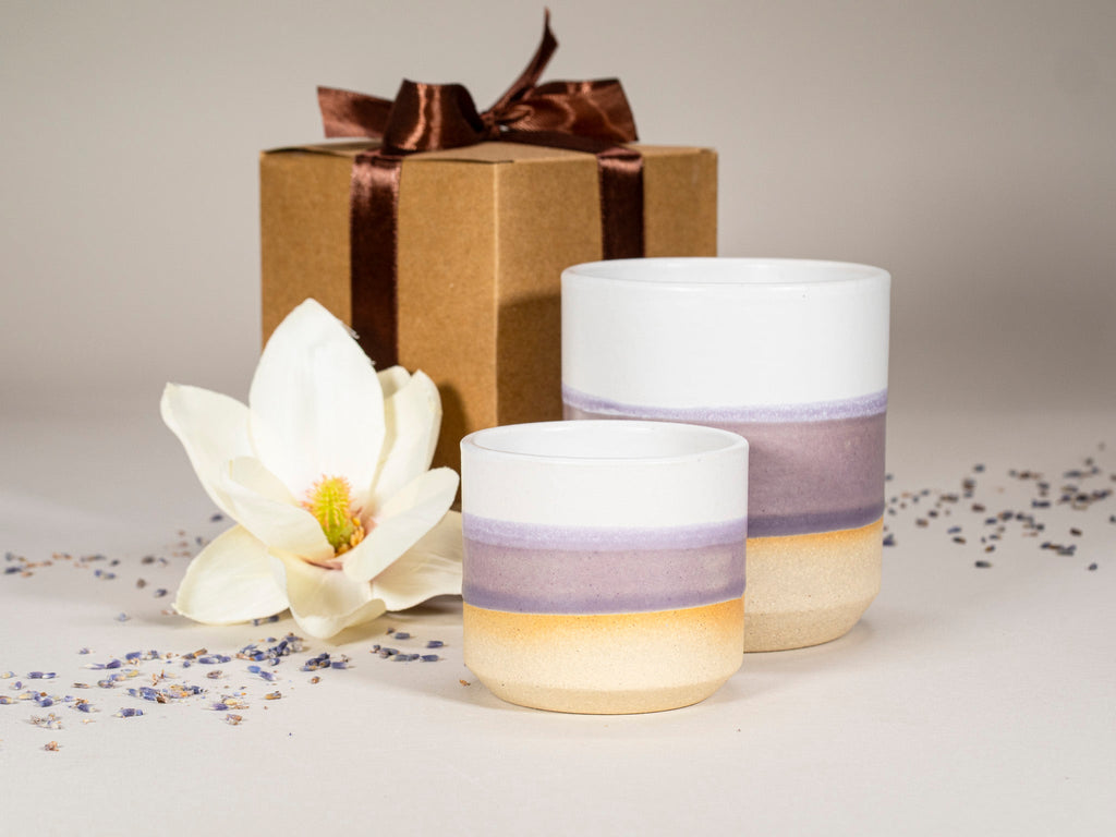 Gift Set: 14 oz cup and 5.5 oz cup in Purple White Stoneware