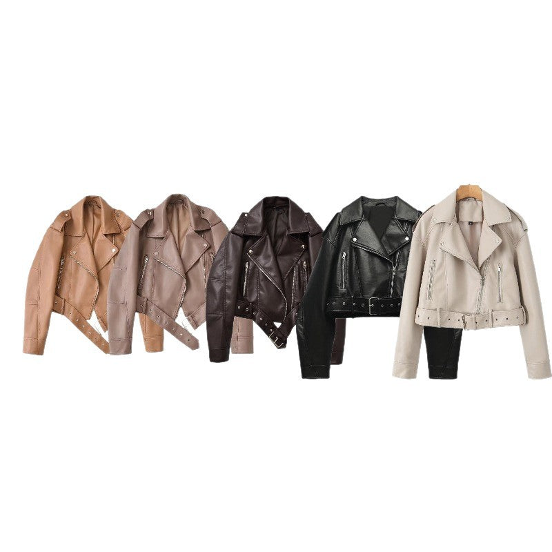Womens Retro Short-belted Biker Jacket