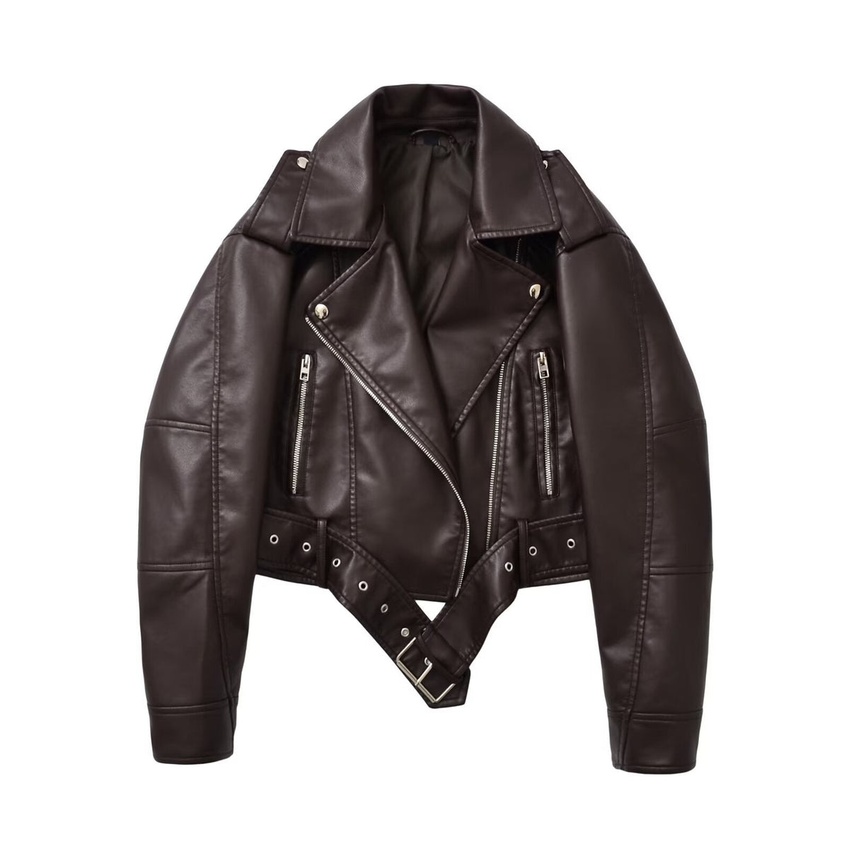 Womens Retro Short-belted Biker Jacket